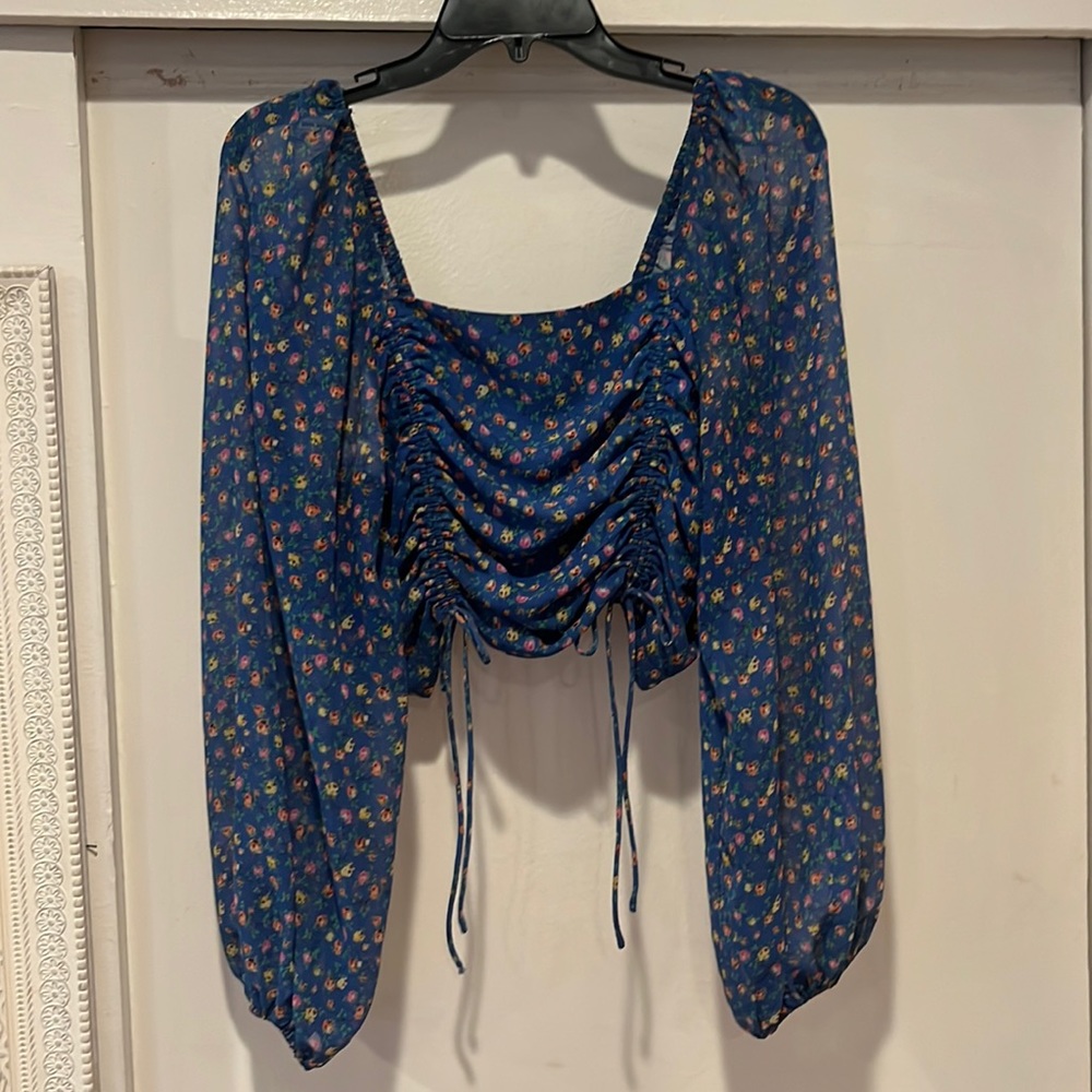 Ruched chiffon floral blouse adjustable in front